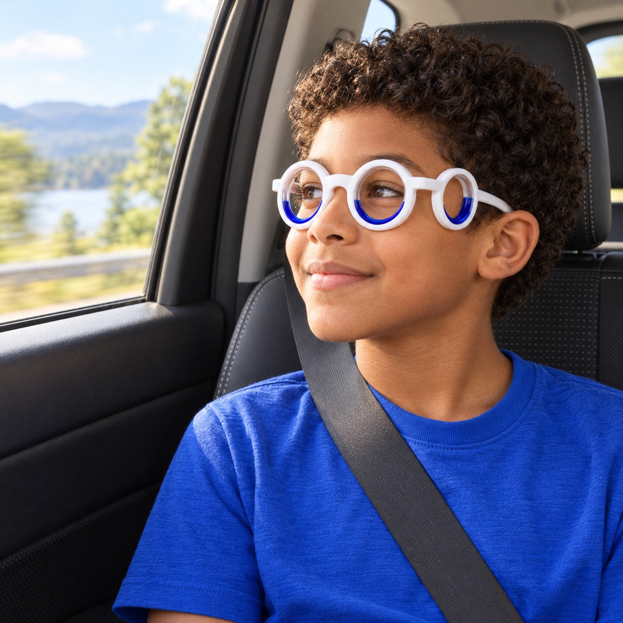 A boy wearing Ollaway looks out of the car window