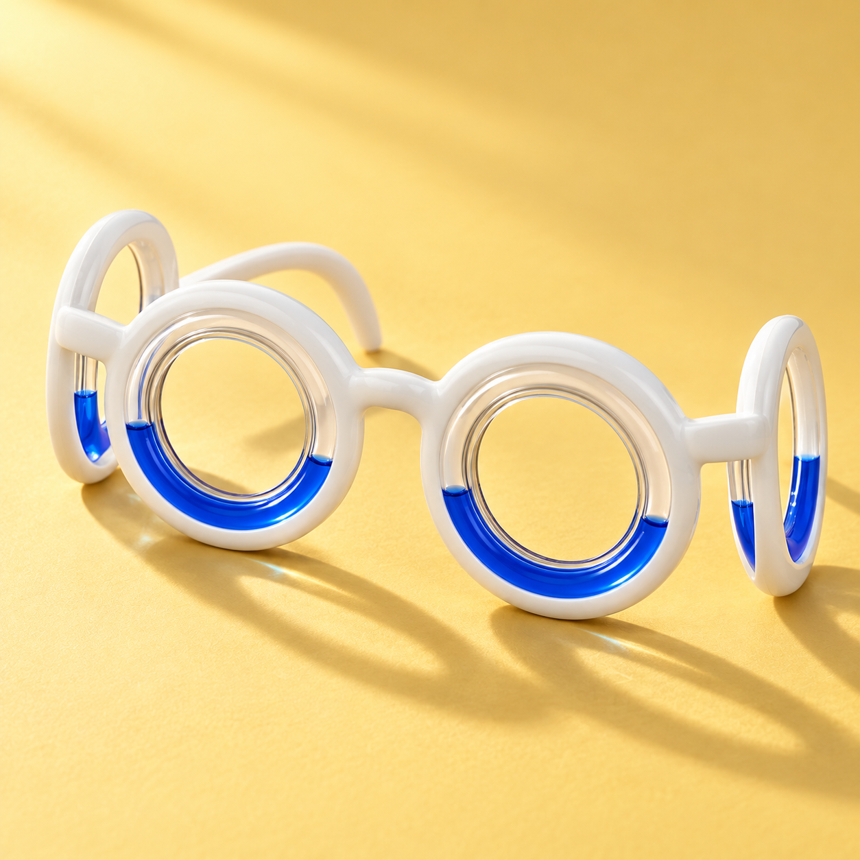 Ollaway's white, lensless glasses with four blue-liquid rings