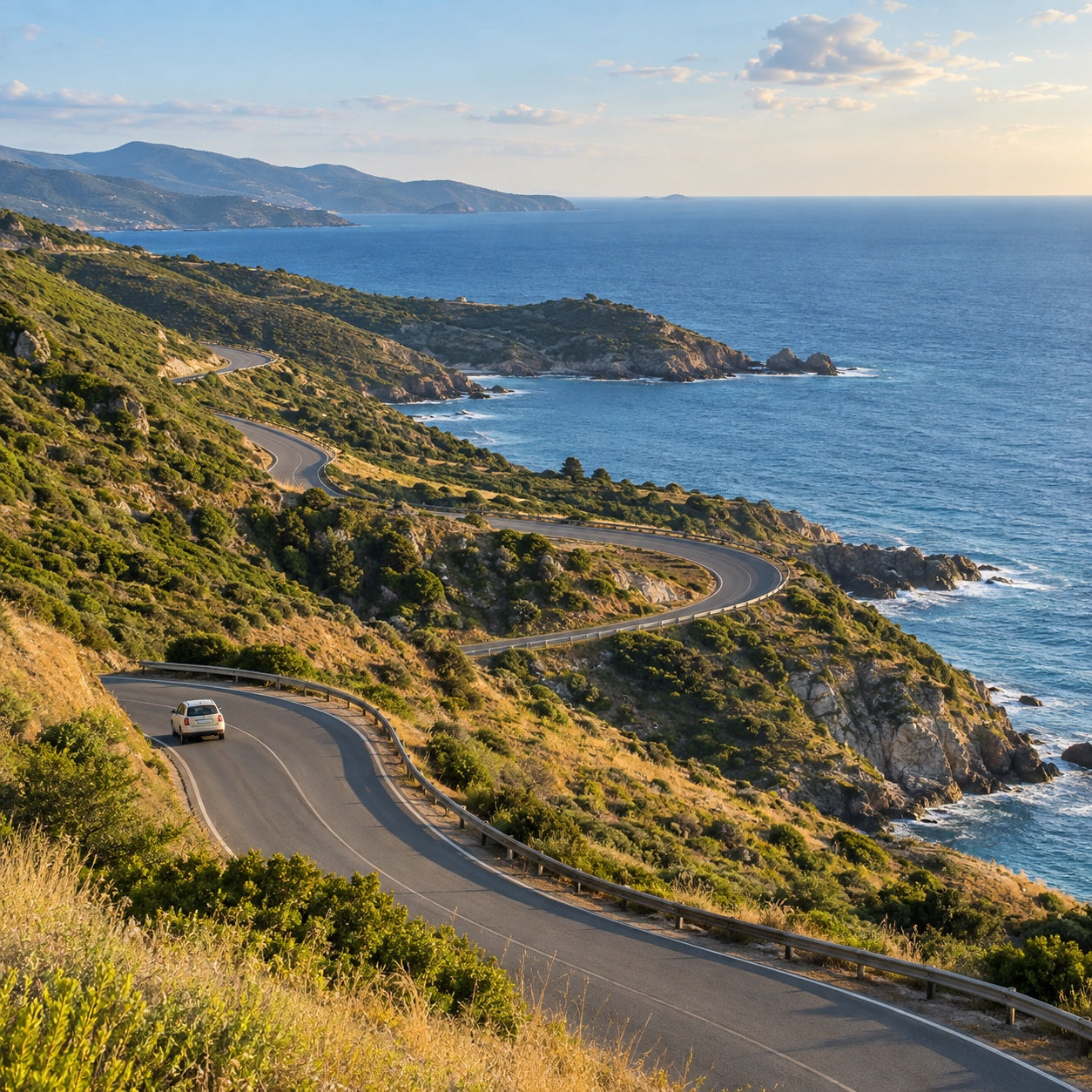 A winding coastal road with turns and changes in elevation