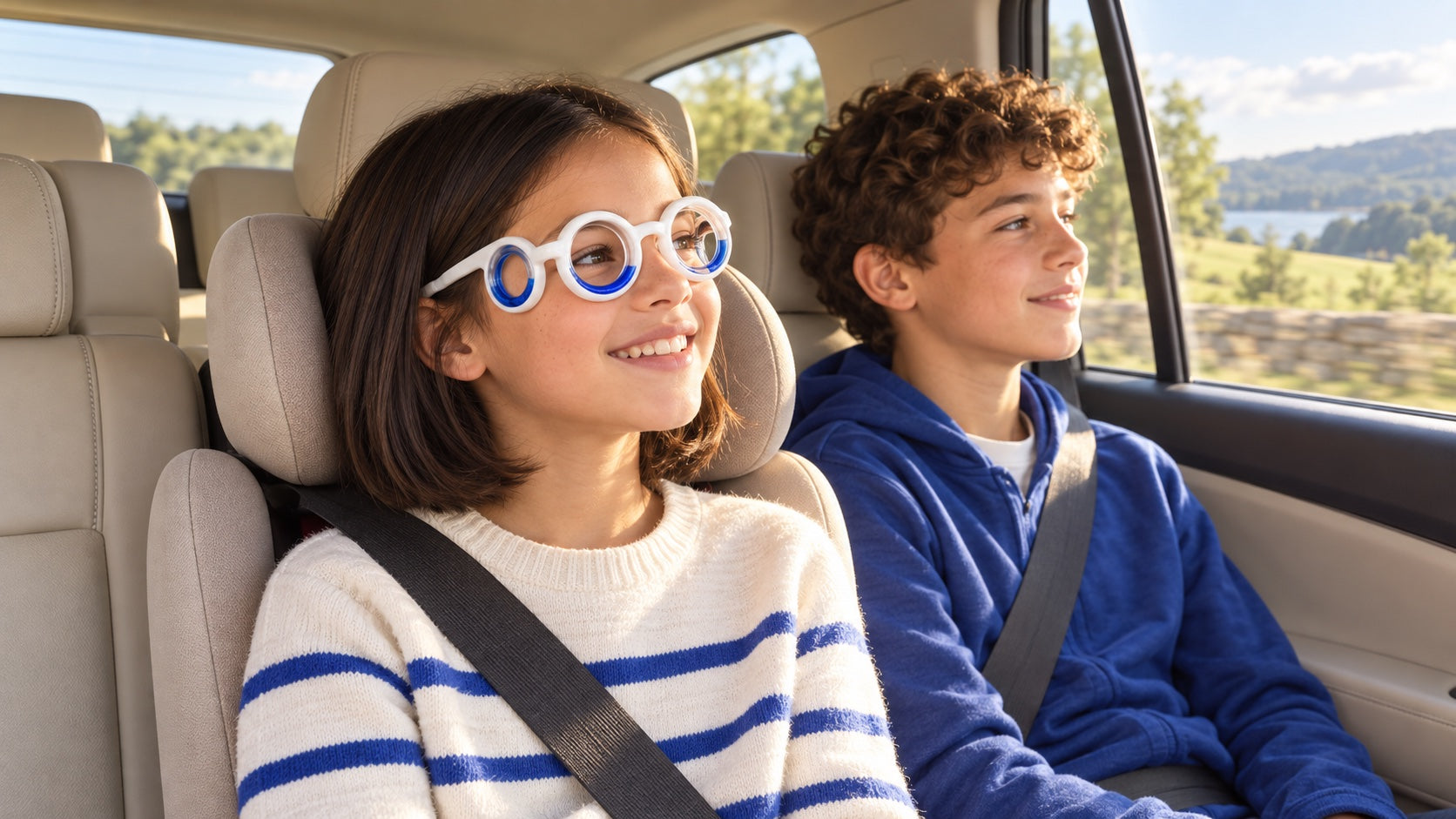 Two siblings in the back seat, one wearing Ollaway, both looking out at the coast