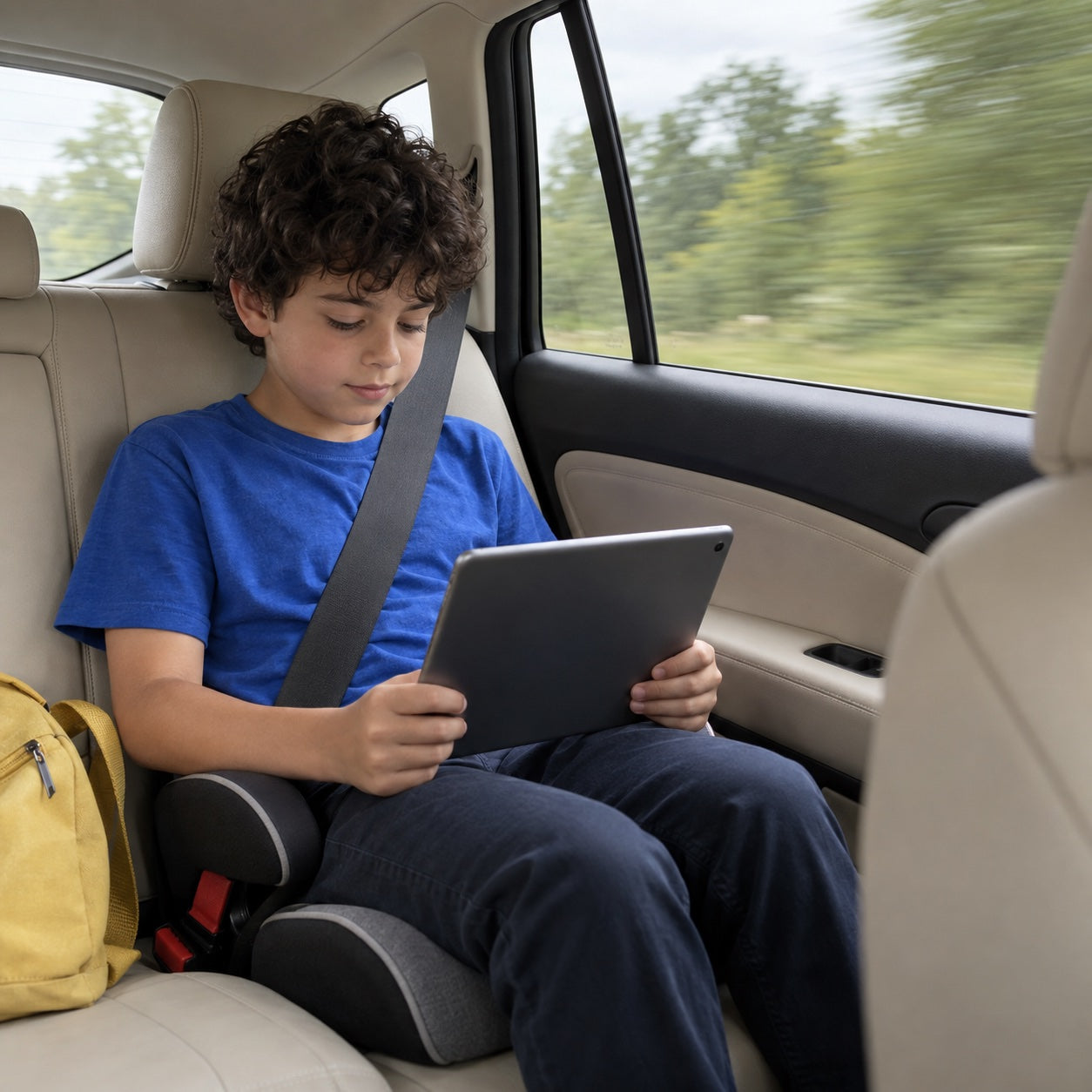 A passenger looking down at a tablet in a car